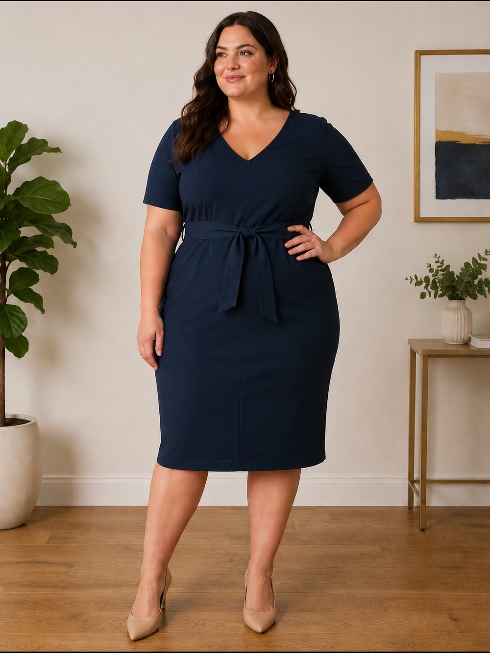 NWT Navy V-Neck Tie-Waist Sheath Dress 22W Lands End